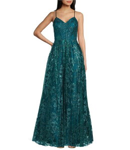 �u�����f�B�i�C�c ���f�B�[�X �g�b�v�X �����s�[�X V�l�b�N Blondie Nites Glitter Pattern V-Neck Spaghetti Straps Corsetie-Back Gown Teal �e�B�[��