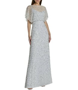 �}�b�N�_�K�� ���f�B�[�X �g�b�v�X �����s�[�X ���b�V�� �X�p���R�[�� Mac Duggal Pearl Sequin Beaded Mesh Boat Neck Short Flutter Sleeve Shawl Gown Powder Blue �u���[
