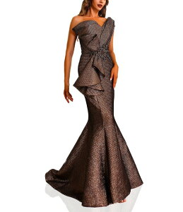 �e���j�N�`���[�� ���f�B�[�X �g�b�v�X �����s�[�X �t���� Terani Couture One Shoulder 3D Ruffle Front Jacquard Mermaid Gown Amber �A���o�[