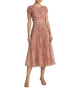 �}�b�N�_�K�� ���f�B�[�X �g�b�v�X �����s�[�X A ���C�� ���b�V�� �~�f�B �L���b�v Mac Duggal Embellished Beaded Mesh Cap Sleeve A-Line Midi Dress Rosewood