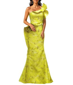 �e���j�N�`���[�� ���f�B�[�X �g�b�v�X �����s�[�X �t���� Terani Couture One Shoulder Jacquard Ruffle Longown Lemon