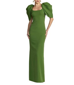 �}�b�N�_�K�� ���f�B�[�X �g�b�v�X �����s�[�X �N���[�v Mac Duggal Scoop Neck Dramatic Puff Sleeve Crepe Gown Moss Green �O���[��