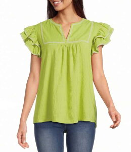 �J���b�T ���f�B�[�X �g�b�v�X �V���c V�l�b�N �v�` �t���� �h�J �L���b�v Calessa Petite Sizembroidered Split V-Neck Ruffle Cap Sleeve Tunic Lime ���C��
