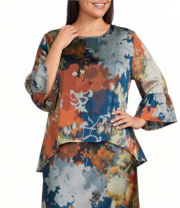 �u���C�� �E�H�[�J�[ ���f�B�[�X �g�b�v�X �V���c �v���X�T�C�Y �v�����g �t���� Bryn Walker Plusize Fran Fiori Print Round Neck 3/4 Ruffle Bell Sleeve Hi-Low Hem Shirt Fiori