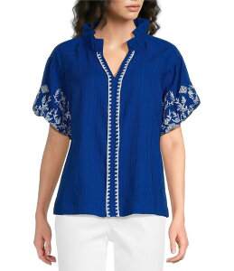 �J���b�T ���f�B�[�X �g�b�v�X �V���c V�l�b�N �t���� �h�J Calessa Embroidered Split V-Neck Ruffle Stand Collar Short Sleeve Tunic Blue �u���[