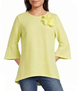�J���b�T ���f�B�[�X �g�b�v�X �J�b�g�\�[ �t�����[�� �j�b�g �t�����[ Calessa Textured Knit Floral Applique Round Neck 3/4 High Low Tunic Lemon