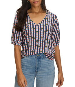 �j�b�N�A���h�]�[ ���f�B�[�X �g�b�v�X T�V���c V�l�b�N �v�����g NIC + ZOE NZT Reef Stripe Printed V-Neck Elbow Sleeve Tee Indigo Multi �C���f�B�S