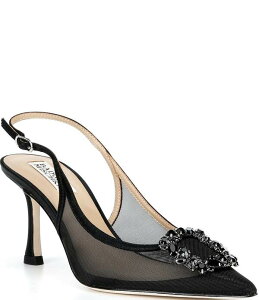 �o�b�W�F���[�~�V���J ���f�B�[�X �V���[�Y �p���v�X ���b�V�� Badgley Mischka Yuta Mesh Embellished Slingback Stiletto Pumps Black Satin �u���b�N