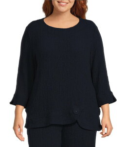 �A�� �}�C���X ���f�B�[�X �g�b�v�X �V���c �v���X�T�C�Y Ali Miles Plusize Woven Round Neck 3/4 Sleeve Button Detail Hem Top Midnight