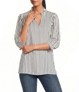 �A�� �}�C���X ���f�B�[�X �g�b�v�X �V���c �v�` �t���� Ali Miles Petite Size Textu red Woven Stripe Ruffle Collar 3/4 Sleeve Pearl Button Top Stripe �X�g���C�v
