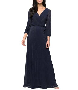 �A���b�N�X�C�u�j���O�X ���f�B�[�X �g�b�v�X �����s�[�X �v���[�c ���b�V�� Alex Evenings Micro Pleated Surplice Neck Long Bubble Sleeve Foil Mesh Long Dress Dark Navy �l�C�r�[