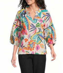 �A�� �}�C���X ���f�B�[�X �g�b�v�X �V���c V�l�b�N �v�����g Ali Miles Woven Print Split V-Neck 3/4 Sleeve Top Tropical Multi �}���`�J���[