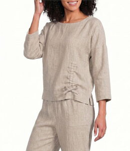 �A�� �}�C���X ���f�B�[�X �g�b�v�X �V���c Ali Miles Woven Round Neck 3/4 Sleeve Cinched Hem Top Latte