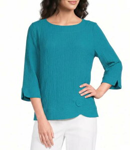 �A�� �}�C���X ���f�B�[�X �g�b�v�X �V���c Ali Miles Woven Round Neck 3/4 Sleeve Button Detail Hem Topeacock