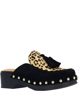 �����[���h�s�[�h ���f�B�[�X �V���[�Y �T���_�� �v�����g �X�G�[�h L'Amour Des Pieds Gracen Suede Leopard Print Calf Hair Tassel Studded Clog Mules Black/Brown �u���b�N