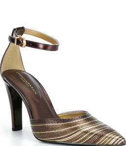 �_�i�L������ ���f�B�[�X �V���[�Y �q�[�� �g�[�� �A���N�� Donna Karan Patricia Metallic Ankle Strapointed Toe Stiletto Pumps Canyon Brown �u���E��