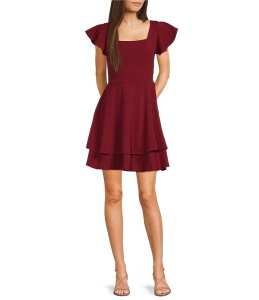 �~�b�h�i�C�g �h�[�� ���f�B�[�X �g�b�v�X �����s�[�X �N���[�v �X�L���[�o Midnight Doll Scuba Crepe Flutter Sleeve Double Hem Fit-And-Flare Dress Wine ���C��