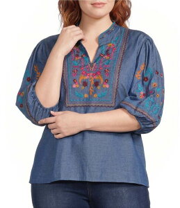 �J���b�T ���f�B�[�X �g�b�v�X �V���c V�l�b�N �v���X�T�C�Y �h�J Calessa Plusize Woven Embroide red Stand Split V-Neck Elbow Puff Sleeve Top Indigo Multi �C���f�B�S