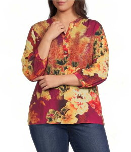 �J���b�T ���f�B�[�X �g�b�v�X �V���c V�l�b�N �v���X�T�C�Y �v�����g Calessa Plusize Woven Digital Print V-Neck 3/4 Sleeve Tunic Gold Multi �S�[���h