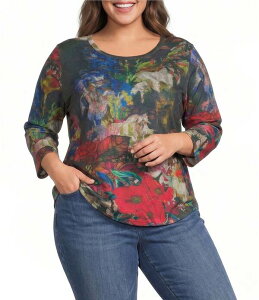 �J���b�T ���f�B�[�X �g�b�v�X T�V���c �N���[�l�b�N �v���X�T�C�Y �j�b�g Calessa Plusize Knit Multicolor Digital Crew Neck 3/4 Sleeve Top Red Multi ���b�h