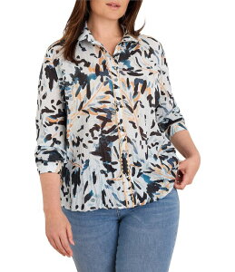 �j�b�N�A���h�]�[ ���f�B�[�X �g�b�v�X �V���c �v���X�T�C�Y NIC + ZOE Plusize Crinkle Garden Shade Point Collar Long Sleeve Button-Front Shirt Blue Multi �u���[
