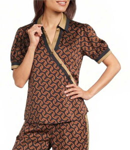 �J�[�� ���K�[�t�F���h ���f�B�[�X �g�b�v�X �V���c �v�����g �u���E�X KARLAGERFELD PARIS Woven Geometric Printed Spread Collar Short Sleeve Crossover Coordinating Blouse Midnight Navy/Sienna �l�C�r�[