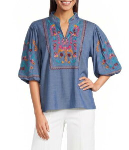 �J���b�T ���f�B�[�X �g�b�v�X �V���c V�l�b�N �h�J Calessa Woven Embroide red Stand Split V-Neck Elbow Puff Sleeve Top Indigo Multi �C���f�B�S