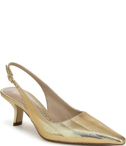 �T���G�f���}�� ���f�B�[�X �V���[�Y �q�[�� �g�[�� ���U�[ Sam Edelman Bianka Striped Metallic Leather Pointed Toe Slingback Pumps Amber Gold �A���o�[