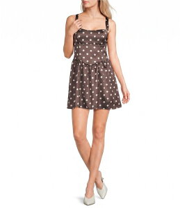 �~�b�h�i�C�g �h�[�� ���f�B�[�X �g�b�v�X �����s�[�X �h�b�g �T�e�� Midnight Doll Satin Polka Dotted Square Neck Drop Waist Dress Brown/Ivory �A�C�{���[