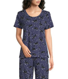�X���[�v �Z���X ���f�B�[�X �g�b�v�X �J�b�g�\�[ �v�����g �j�b�g Sleep Sense Moonlit Cats Print Short Sleeve Scoop Necknit Coordinating Sleep Top Moonlit Cats