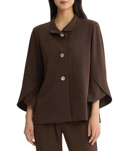 �~���E�H�� ���f�B�[�X �A�E�^�[ �W���P�b�g�E�u���]�� �N���[�v Ming Wang Deco Crepe Winged Collar Bell Sleeve Button Front Jacket Dark Umber