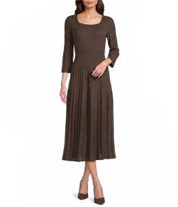 �~���E�H�� ���f�B�[�X �g�b�v�X �����s�[�X �~�f�B �j�b�g Ming Wang Pointelle Tonal Knit Square Neck 3/4 Sleeve Fit-And-Flare Midi Dress Dark Umber