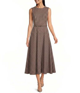 �A���b�N�X�}���[ ���f�B�[�X �g�b�v�X �����s�[�X �m�[�X���[�u Alex Marie Leigh Novelty Suiting Round Neckline Sleeveless Dress Brown Houndstooth �u���E��