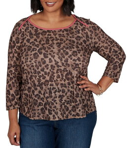 ���r�[�A�[���f�B�[ ���f�B�[�X �g�b�v�X T�V���c �v���X�T�C�Y �j�b�g Ruby Rd. Plusize Sublimation Knit Cheetah Scoop Neck 3/4 Sleeve Solid Trim Pullover Dark Chocolate �`���R���[�g