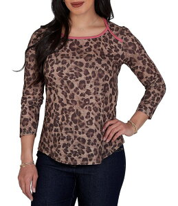 ���r�[�A�[���f�B�[ ���f�B�[�X �g�b�v�X T�V���c �j�b�g Ruby Rd. Sublimation Knit Cheetah Scoop Neck 3/4 Sleeve Solid Trim Pullover Dark Chocolate �`���R���[�g