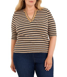 �j�b�N�A���h�]�[ ���f�B�[�X �A�E�^�[ �j�b�g�E�Z�[�^�[ V�l�b�N �v���X�T�C�Y NIC + ZOE Plusize Angled Jacquard Geometric Diamond Split V-Neck Elbow Sleeve Sweater Neutral Multi �}���`�J���[