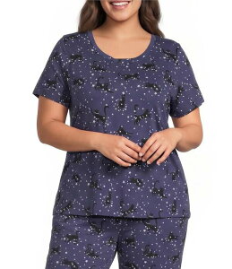 �X���[�v �Z���X ���f�B�[�X �g�b�v�X �J�b�g�\�[ �v���X�T�C�Y �v�����g �j�b�g Sleep Sense Plusize Moonlit Cats Print Short Sleeve Scoop Necknit Coordinating Sleep Top Moonlit Cats