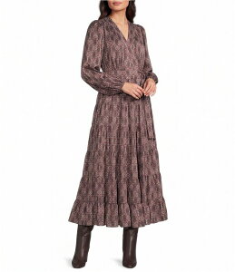 �M�u�\���A���h���e�B�}�[ ���f�B�[�X �g�b�v�X �����s�[�X V�l�b�N Gibson & Latimer V-Neck Long Bell Sleeve Dress Brown/Multi �u���E��