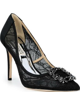 �o�b�W�F���[�~�V���J ���f�B�[�X �V���[�Y �q�[�� ���[�X Badgley Mischka Cher Lace Jewel Brooch Ornament Stiletto Pumps Black Lace �u���b�N