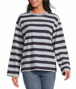 �t�@���e�B ���f�B�[�X �g�b�v�X T�V���c �N���[�l�b�N �R�b�g�� �j�b�g Faherty Retro Knit Organicotton Striped Crewneck Long Sleeve Tee Shirt Moonlitidal Stripe �X�g���C�v