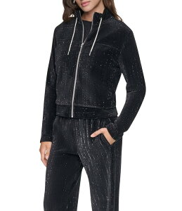 �_�i�L������ ���f�B�[�X �A�E�^�[ �W���P�b�g�E�u���]�� �x���x�b�g �j�b�g DKNY by Donna Karan Knit Velvet Lurex Stand Collar Long Sleeve Front Zipper Coordinating Jacket Black �u���b�N
