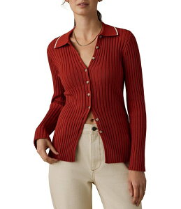 �t�@���e�B ���f�B�[�X �A�E�^�[ �j�b�g�E�Z�[�^�[ ���u �J�[�f�B�K�� Faherty Ribbed Knit Spread Collar Long Sleeve Cardigan RED OCHRE ���b�h
