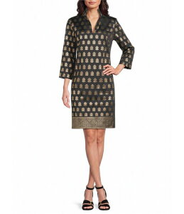 �W���[�h�R�[�i���[ ���f�B�[�X �g�b�v�X �����s�[�X V�l�b�N �v�����g Jude Connally Britt Gilded Jude-Cloth Foulard Border Print Stand Split V-Neck 3/4 Sleeve Dress Foulard Border/Black Gold �u���b�N