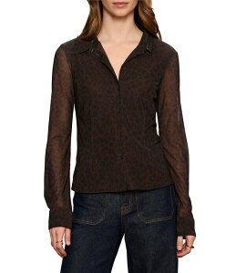 �T���N�`���A���[ ���f�B�[�X �g�b�v�X T�V���c �v�����g ���b�V�� Sanctuary Fitted Mesh Leopard Printed Spread Collar Long Sleeve Button Frontop Espresso Leo �A�j�}��