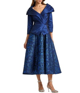 �^�_�V�V���[�W ���f�B�[�X �g�b�v�X �����s�[�X �~�f�B Tadashi Shoji Portrait Collar 3/4 Sleeve Mixed Media Midi Dress Navy Multi �l�C�r�[