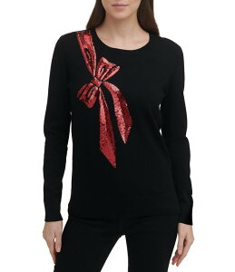 �_�i�L������ ���f�B�[�X �A�E�^�[ �j�b�g�E�Z�[�^�[ �N���[�l�b�N �X�p���R�[�� Donna Karan DKNY Sequin Bow Motif Crew Neck Long Sleeve Festive Sweater Black/Red �u���b�N