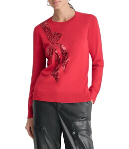 �_�i�L������ ���f�B�[�X �A�E�^�[ �j�b�g�E�Z�[�^�[ �N���[�l�b�N �X�p���R�[�� Donna Karan DKNY Sequin Bow Motif Crew Neck Long Sleeve Festive Sweater Vibrant Red ���b�h