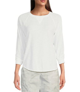 �_�i�L������ ���f�B�[�X �g�b�v�X �V���c �N���[�l�b�N �M���U�[ �~�j T�V���c �j�b�g DKNY Sport by Donna Karan Mini Slub Waffle Knit Crew Neck 3/4 Ruched Sleeve Tee White �z���C�g