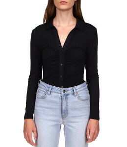 �T���N�`���A���[ ���f�B�[�X �g�b�v�X �V���c �M���U�[ �j�b�g Sanctuary Dreamgirl Long Sleeve Point Collar Ruched Button Front Knit Top Black �u���b�N