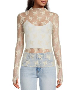 �t���[�s�[�v�� ���f�B�[�X �g�b�v�X �V���c ���b�N�l�b�N �V�A�[ Free People Lady Lux Jacquard Sheer Mock Neck Long Sleeve Layering Top Evening Creme